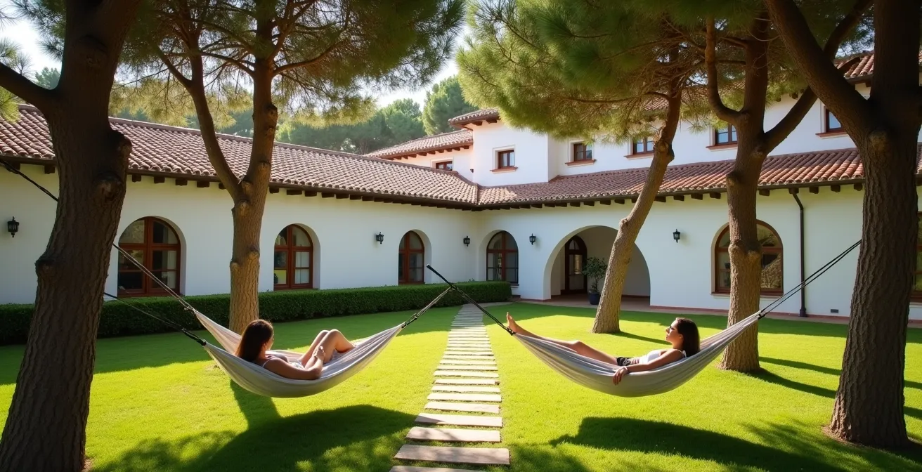 Pareja relajada en hamacas del jardín de un parador español