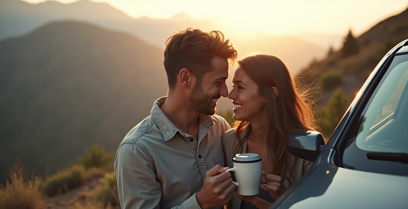 Pareja relajada en mirador de montaña junto a su coche durante pausa en el viaje