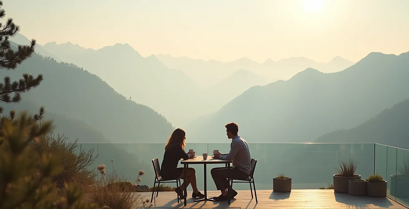 Una pareja disfruta de un momento de calma y sencillez, compartiendo un café en una terraza con una vasta vista a las montañas.