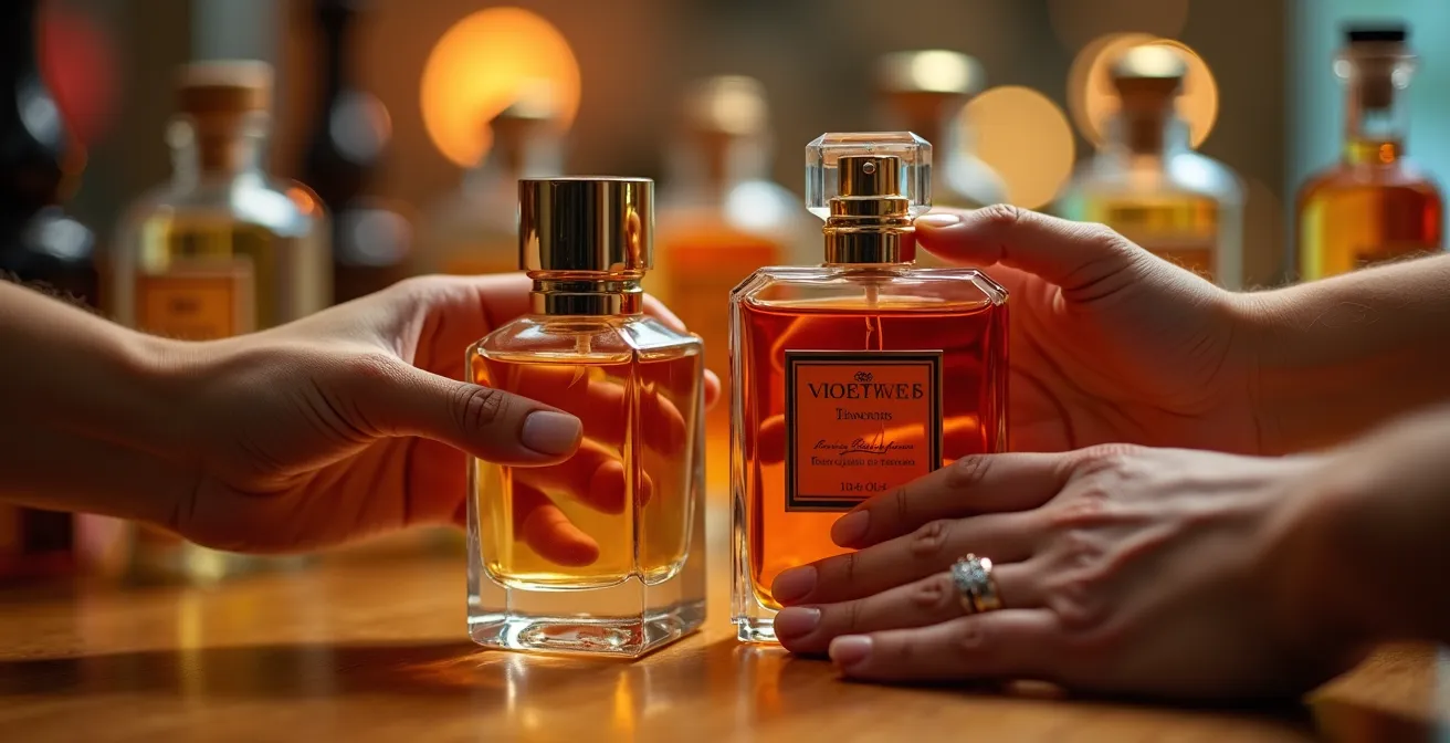 Novios mirando fragancias en tienda elegante con botellas de colores difuminados