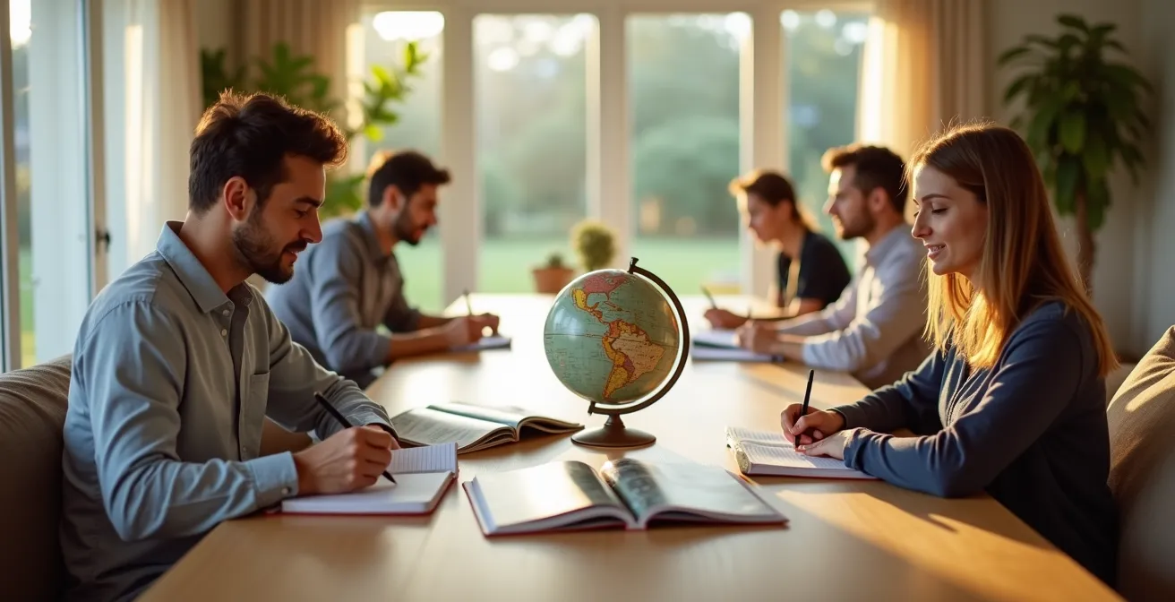 Pareja sentada en extremos opuestos de una mesa escribiendo sus deseos de viaje por separado