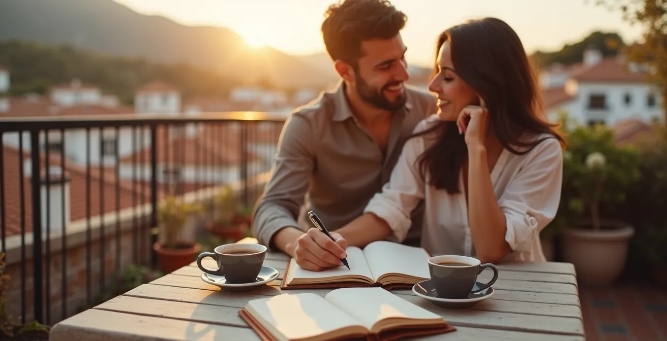 Pareja escribiendo juntos en un diario de viaje en una terraza al atardecer