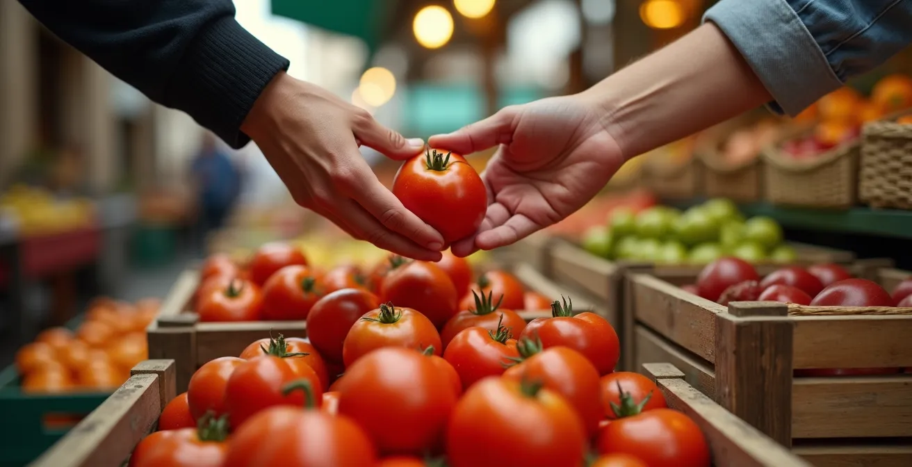 Pareja joven eligiendo productos frescos en mercado tradicional español para cocinar juntos
