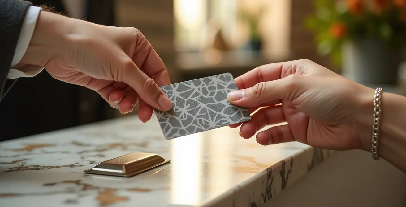 Pareja sonriente hablando con recepcionista de hotel español