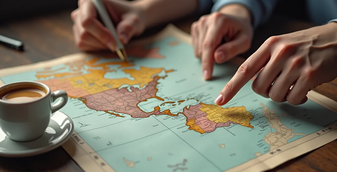 Pareja planificando su ruta con mapa en terraza de café europeo