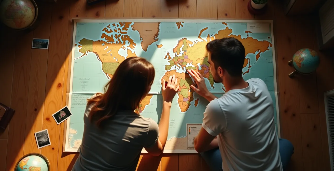 Pareja mirando juntos un mapa extendido con marcadores de colores