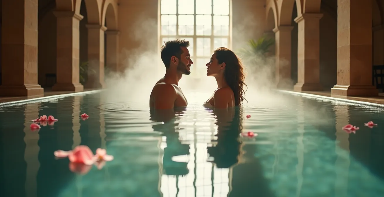 Pareja disfrutando de un momento de relajación en balneario español histórico