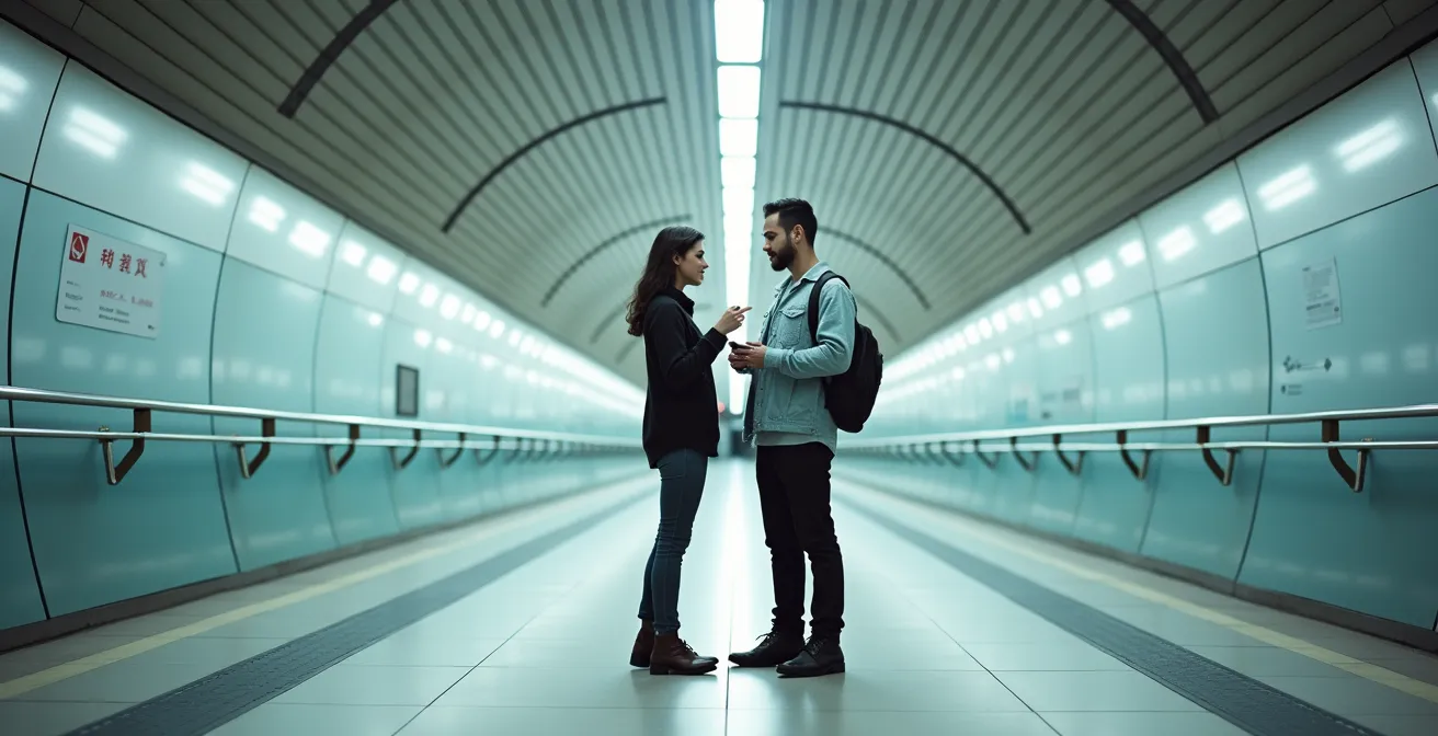 Pareja joven consultando juntos en el metro de Tokio