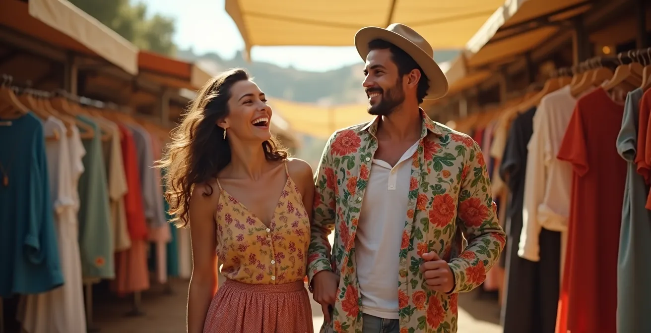 Pareja probándose ropa extravagante en un mercadillo español, riendo juntos