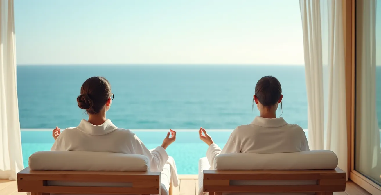 Pareja relajándose en spa de talasoterapia con vista panorámica al mar Cantábrico