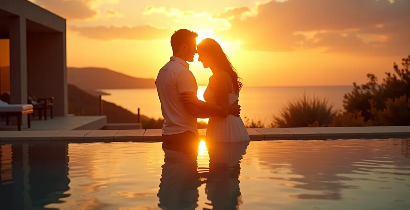 Terraza privada de villa con vistas al atardecer mediterráneo