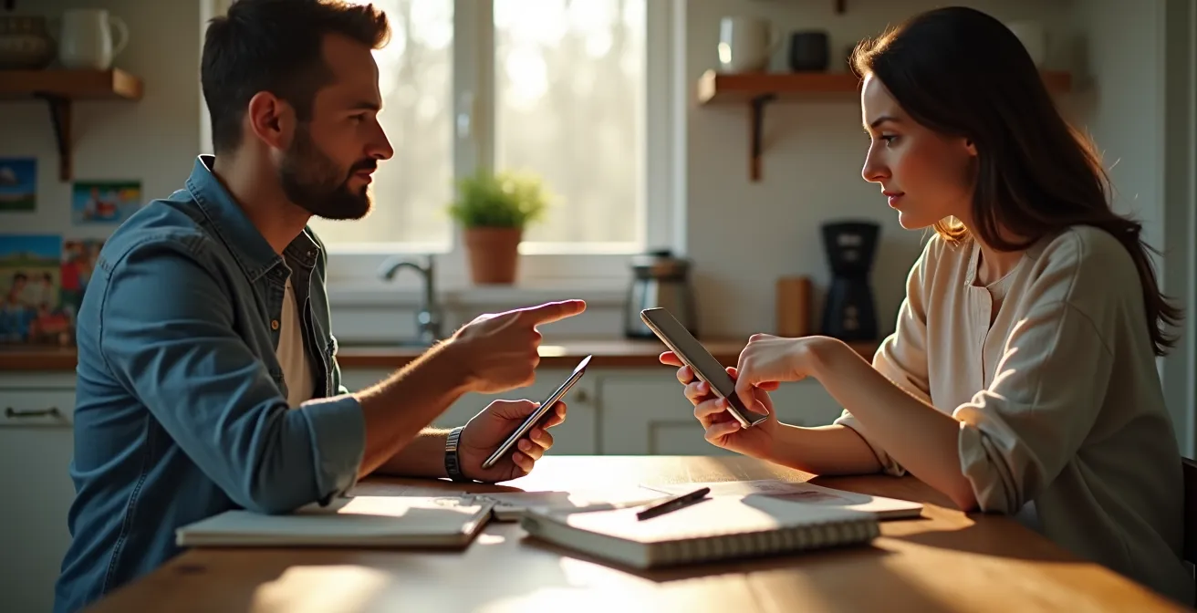 Pareja revisando juntos una lista de equipaje en dispositivos móviles para su viaje de luna de miel