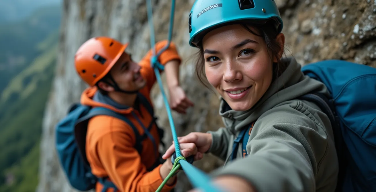 Pareja en vía ferrata asegurándose mutuamente en los Pirineos, mostrando confianza y apoyo.