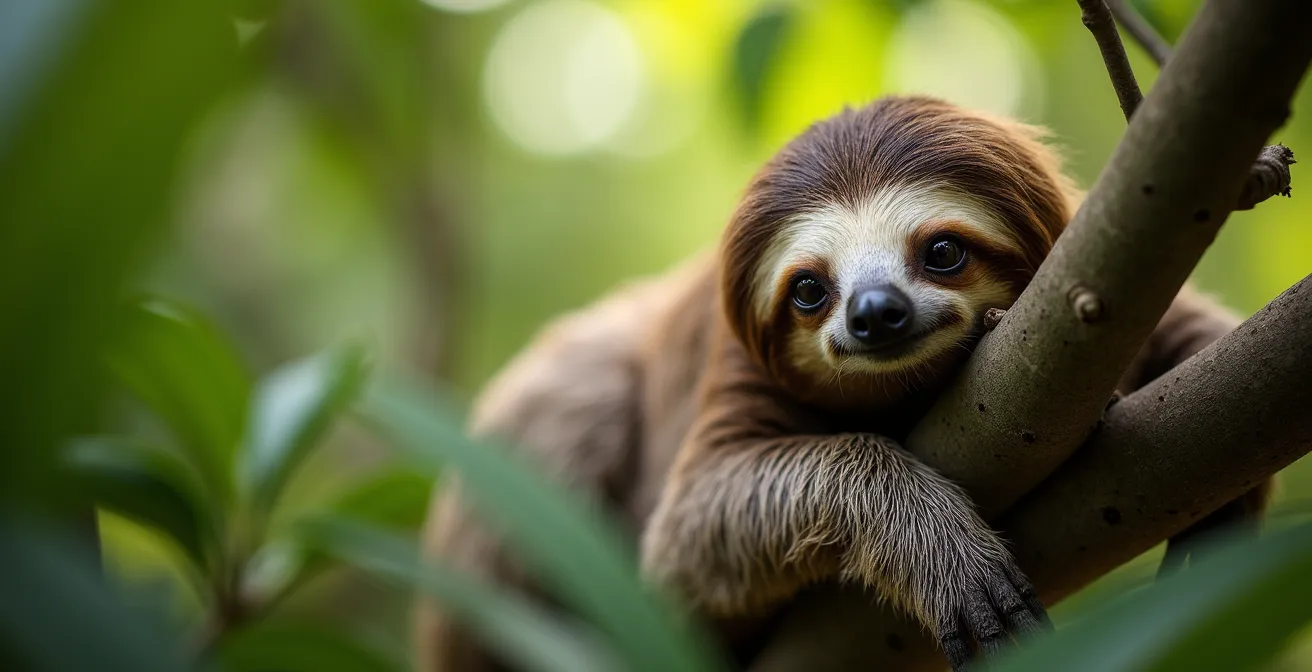 Perezoso de tres dedos descansando naturalmente en un árbol Guarumo en Costa Rica
