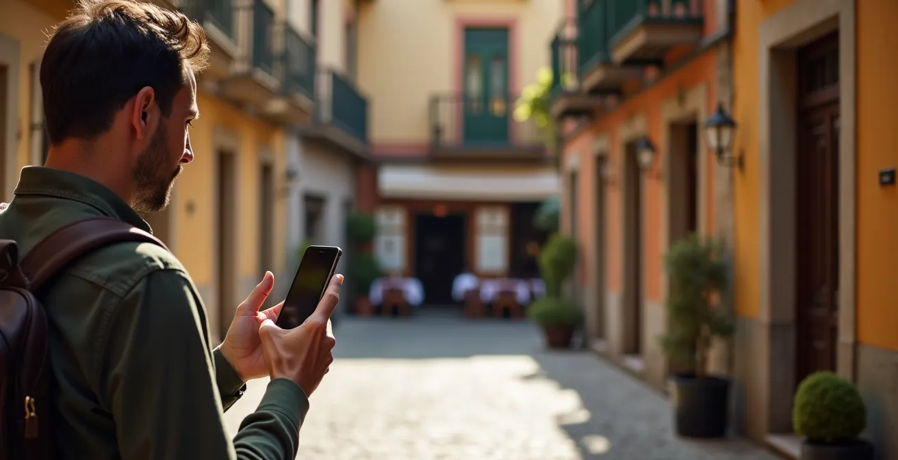 Persona local consultando su móvil en una calle típica española mientras señala hacia un restaurante