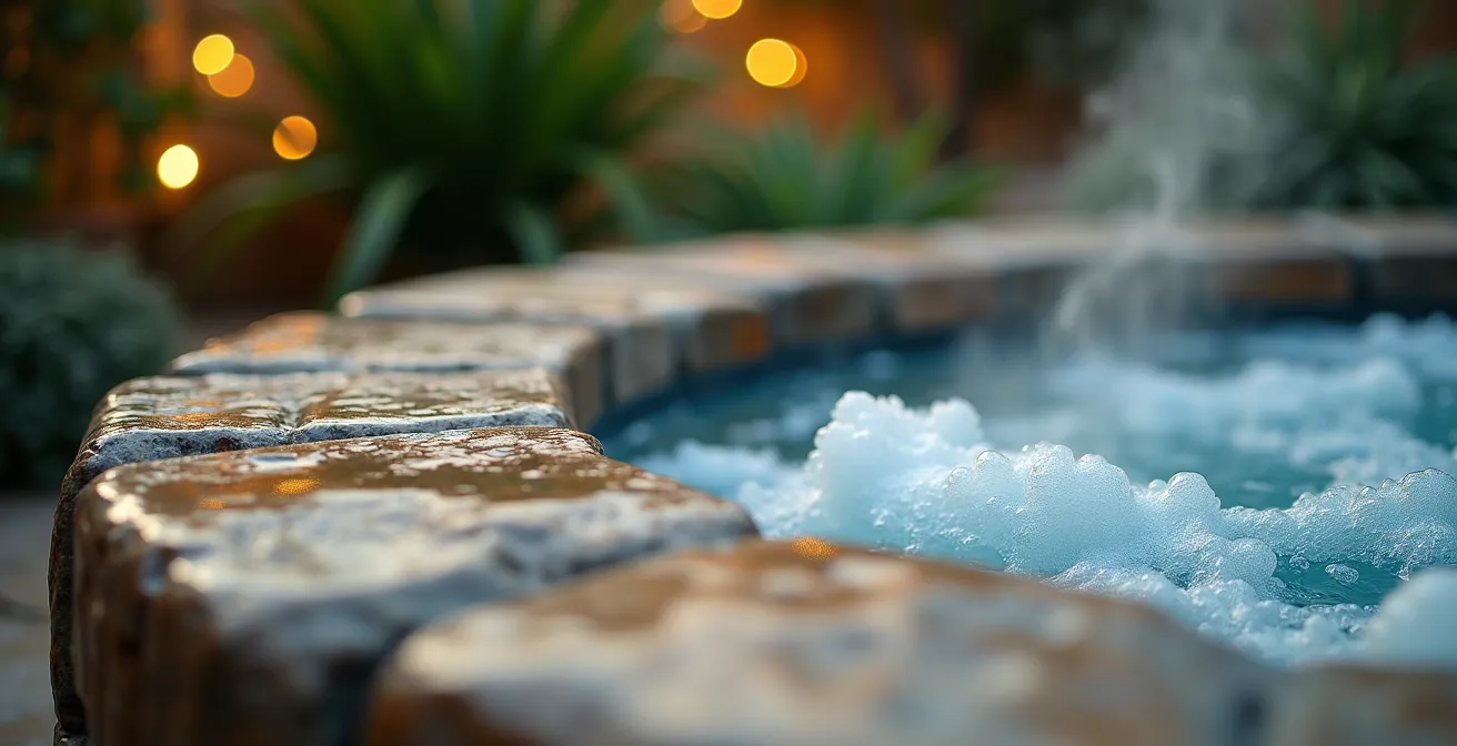 Poza de hidromasaje integrada en jardín mediterráneo de villa rústica