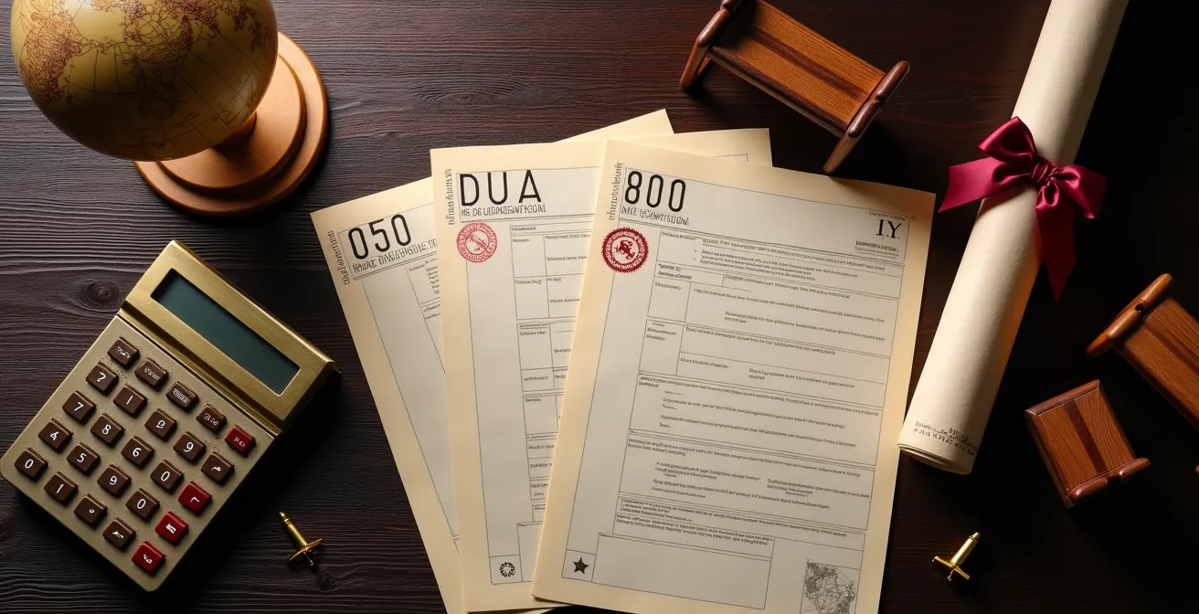 Mesa de oficina con documentos DUA y calculadora mostrando proceso aduanero