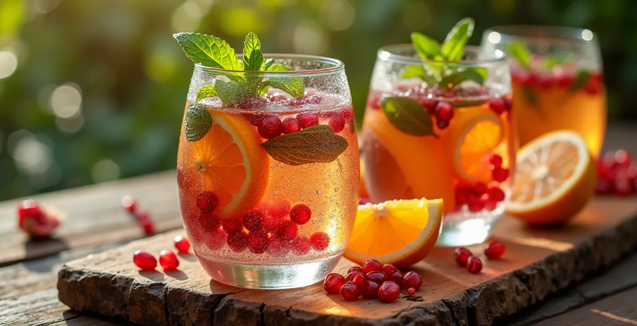 Mesa de hidratación con aguas infusionadas mediterráneas junto a jacuzzi