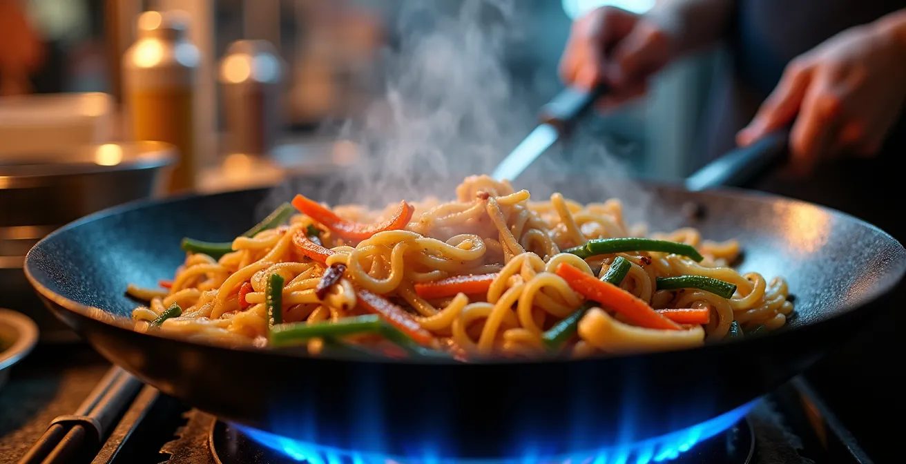 Vendedor asiático cocinando en wok con llamas altas en puesto callejero nocturno