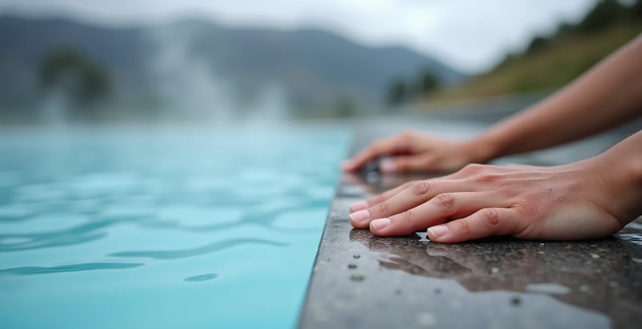 Pareja relajándose en una piscina termal exterior con una impresionante vista a las montañas nevadas