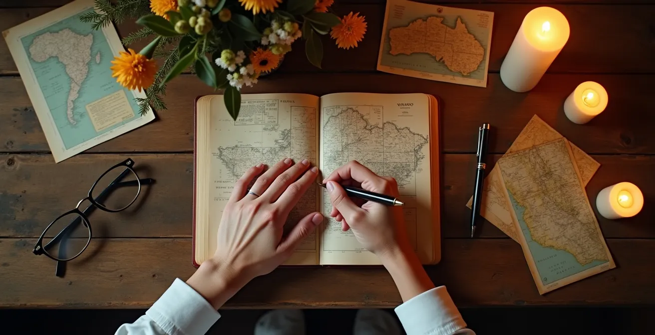 Pareja escribiendo en un diario de viajes conjunto bajo la cálida luz de unas velas, simbolizando la creación de una tradición íntima.