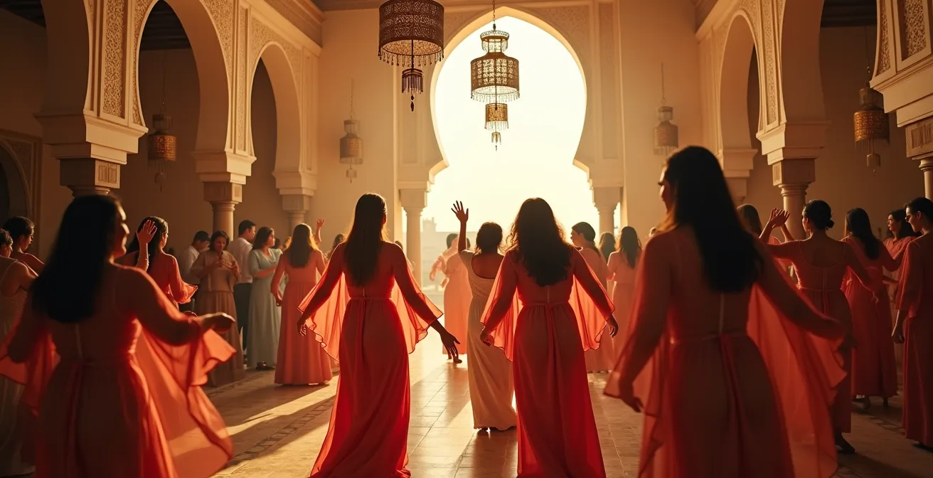 Salón de bodas marroquí con mujeres celebrando en trajes tradicionales coloridos en ambiente festivo