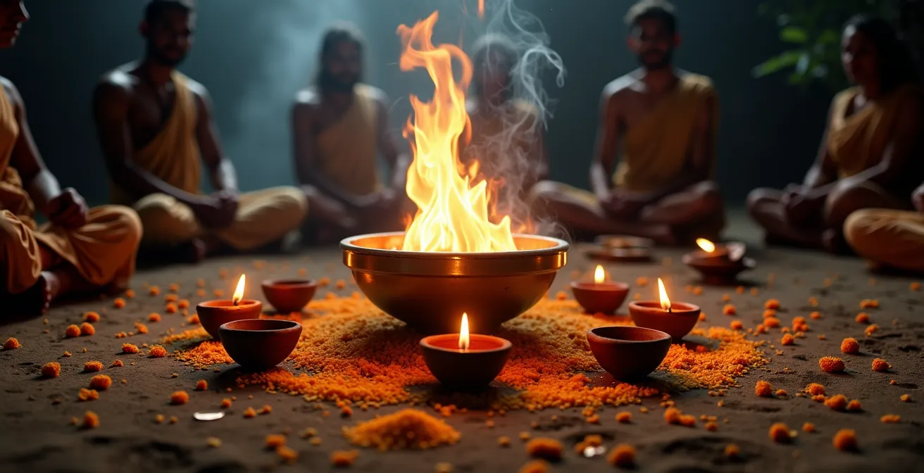 Ritual del fuego sagrado Saptapadi en ceremonia nupcial india