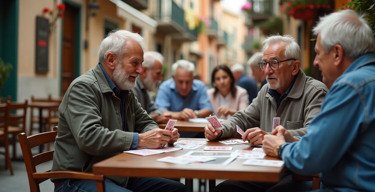 Vista de calle española con bar tradicional lleno de personas mayores jugando cartas, fachadas cuidadas y ropa tendida
