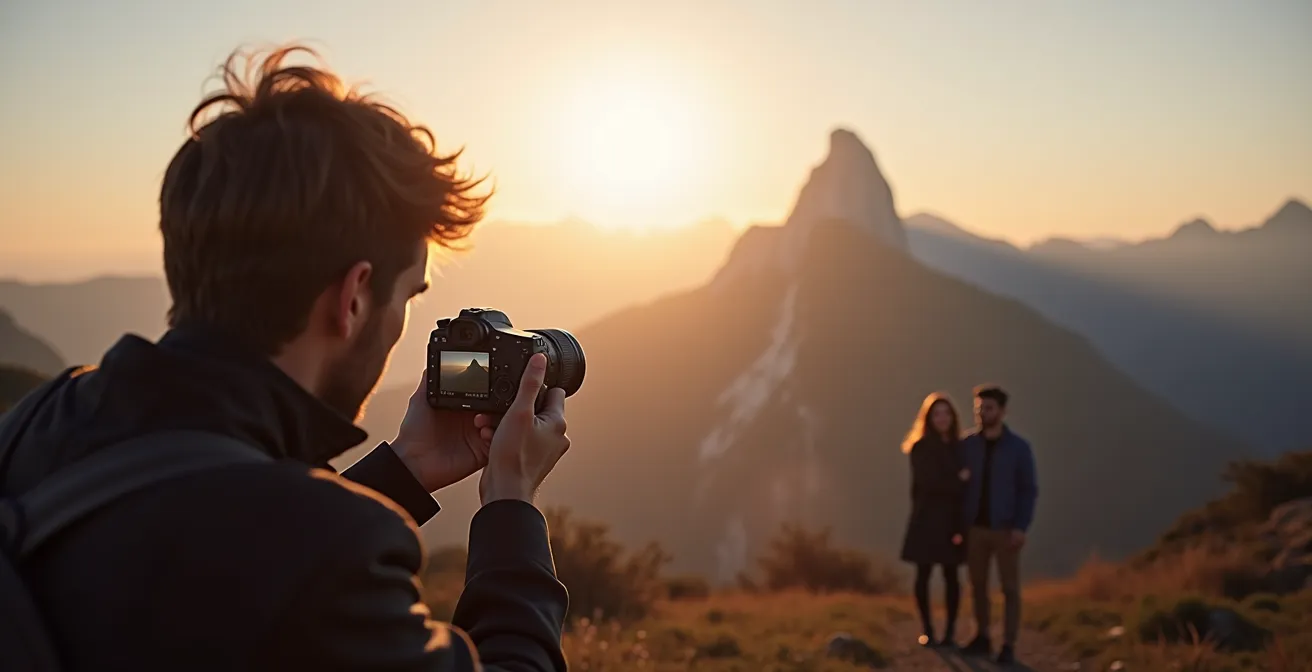 Fotógrafo profesional capturando momento íntimo de pareja en montaña