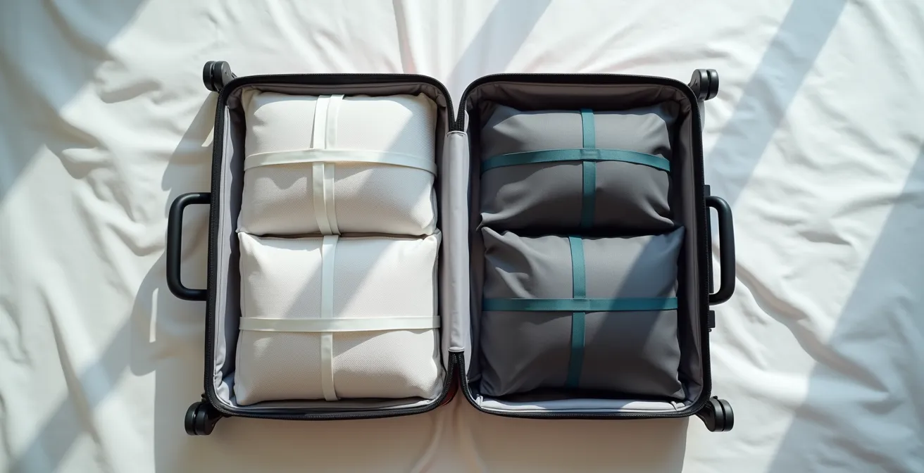 Vista cenital de maleta abierta mostrando sistema de organización con cubos de colores diferentes