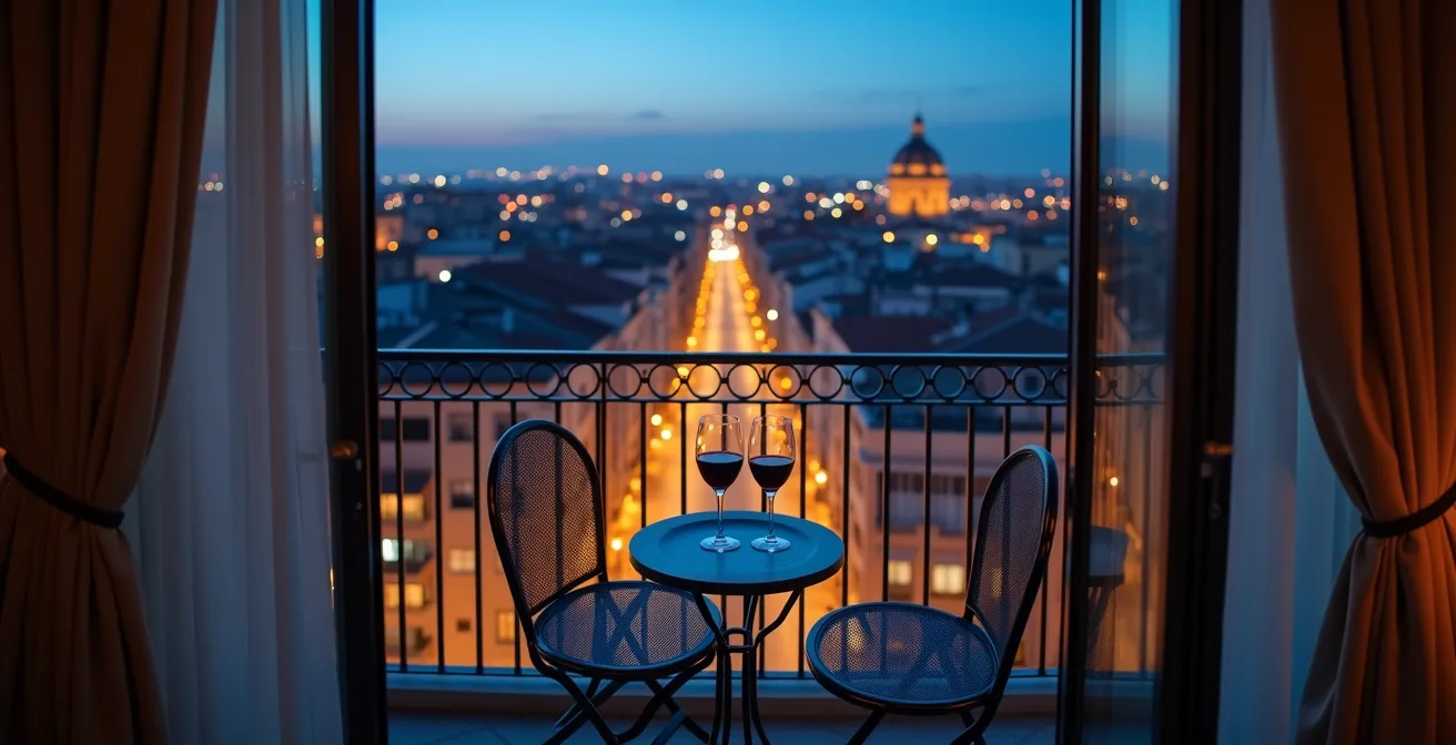 Suite de hotel con balcón mostrando vista urbana al atardecer