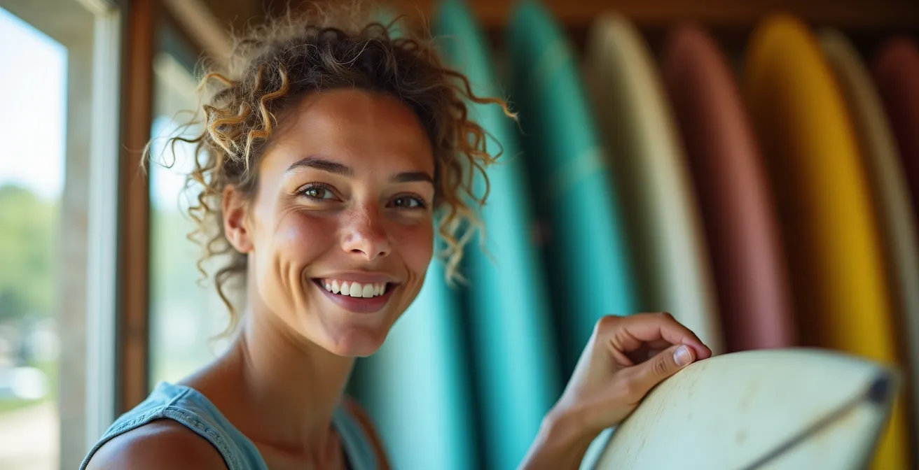 Surfista evaluando una tabla de surf en una tienda de alquiler junto a la playa