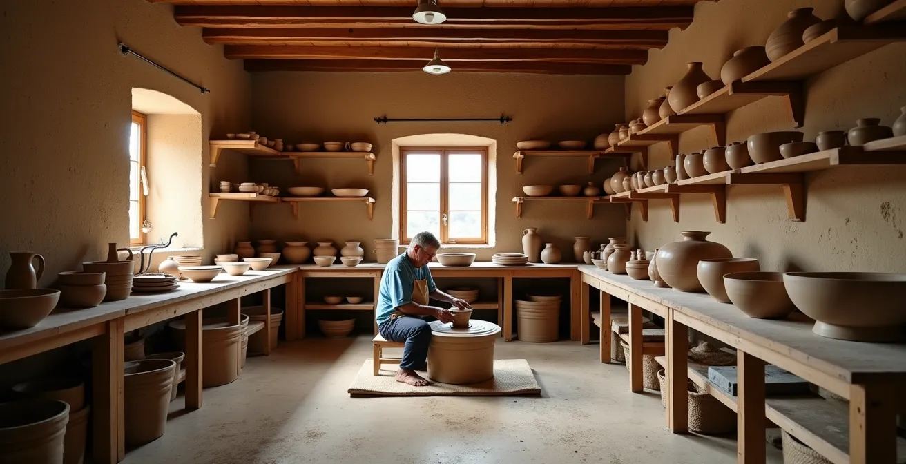 Interior de un taller de cerámica tradicional español con un artesano concentrado trabajando en el torno de alfarero rodeado de sus creaciones.