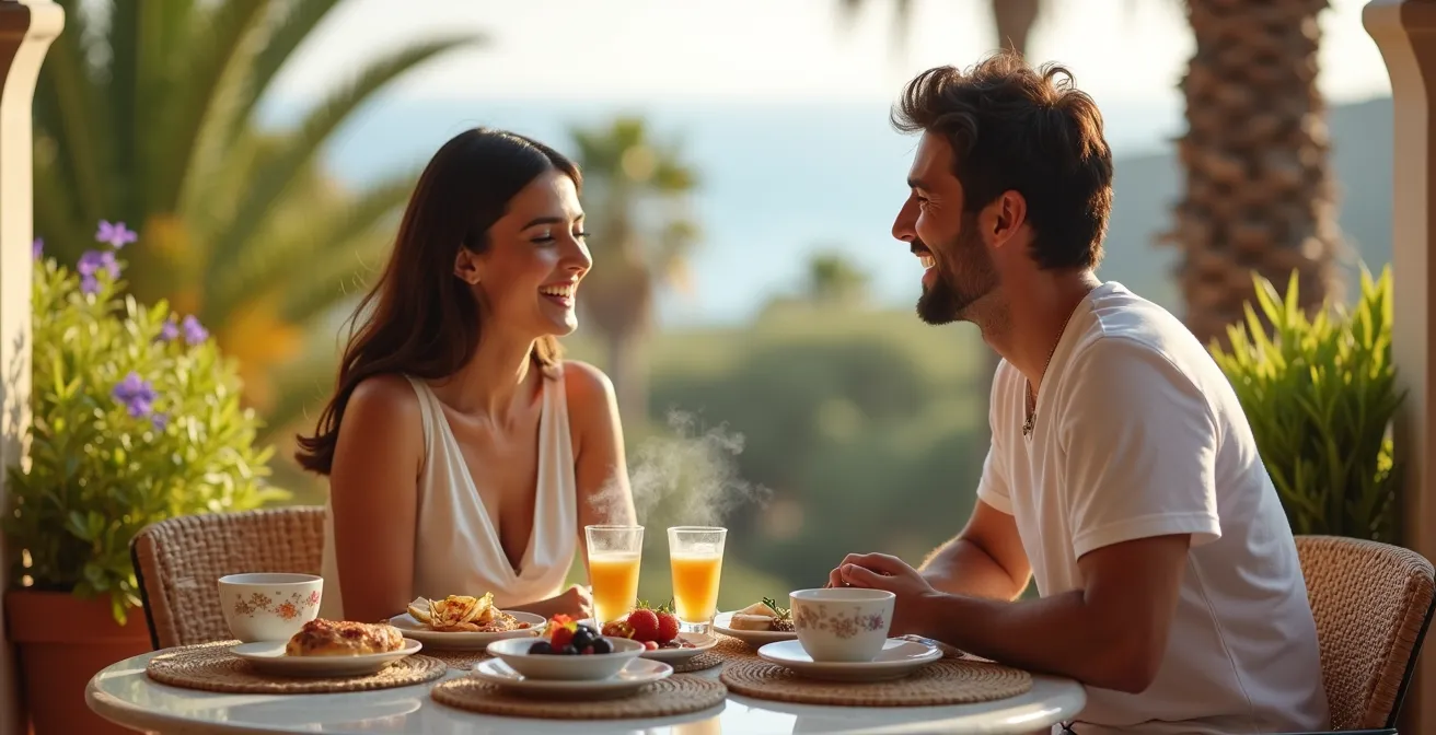 Pareja desayunando en terraza privada y tranquila de resort con vista al mar Mediterráneo