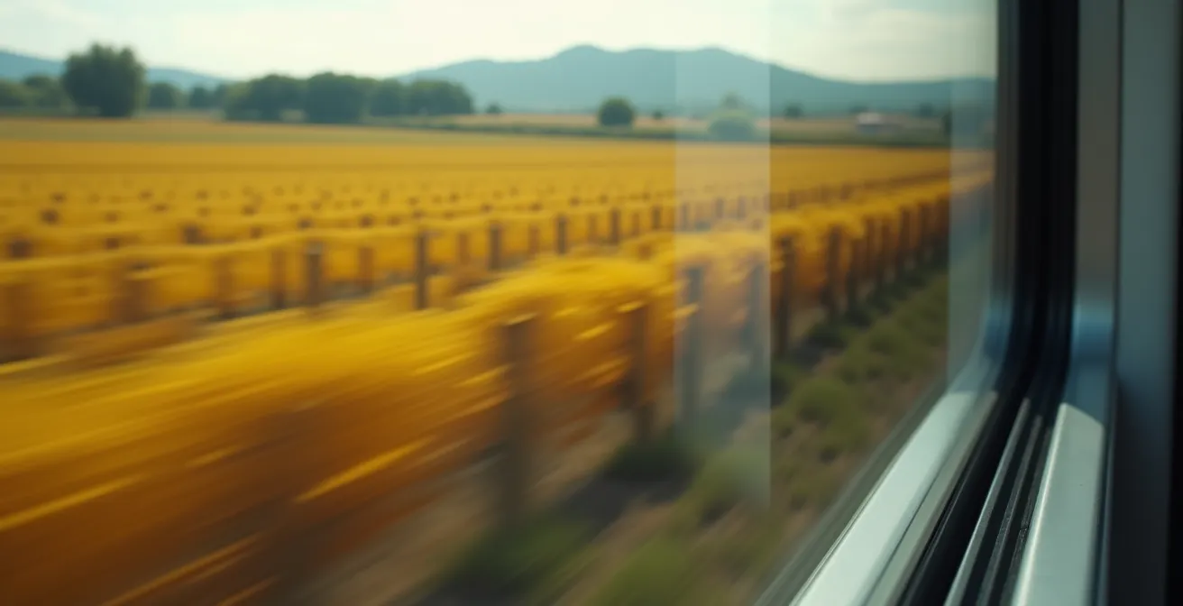 Vista desde ventanilla de tren cruzando viñedos toscanos al atardecer
