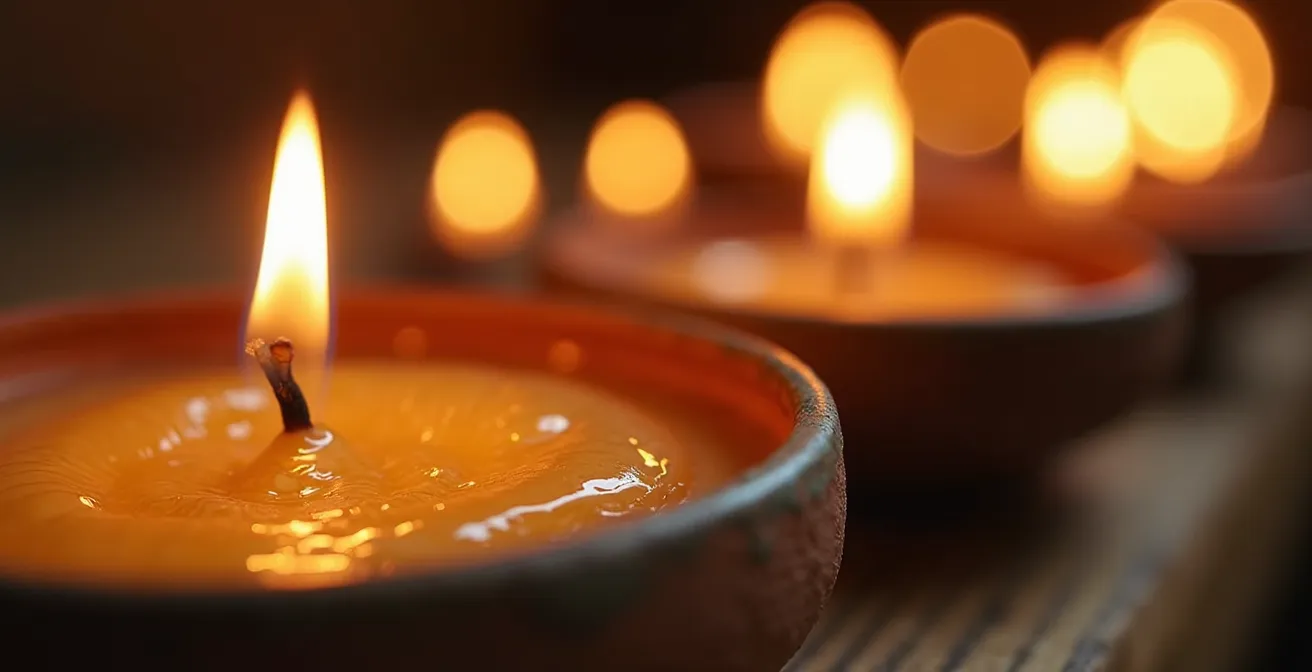 Composición de velas artesanales en portavelas de cerámica con luz cálida