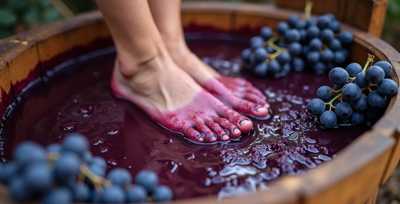 Parejas participando en el pisado tradicional de uvas durante la vendimia