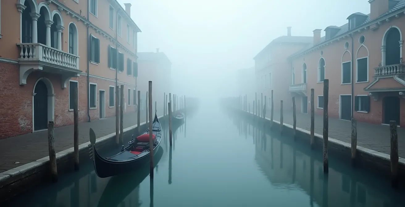 Canal veneciano envuelto en niebla matutina sin turistas, góndolas amarradas