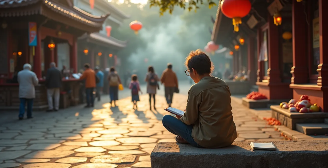 Viajero sentado en un banco observando tranquilamente la vida cotidiana junto a un templo