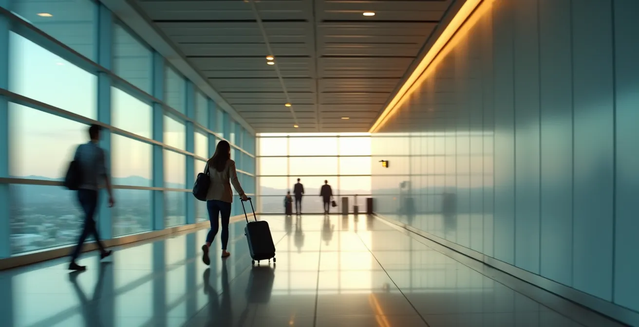 Pareja con maletas apresurándose por pasillo de aeropuerto con relojes borrosos de fondo