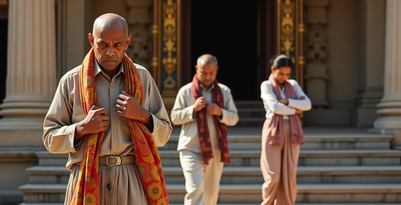 Grupo de viajeros con vestimenta apropiada preparándose para entrar a un templo