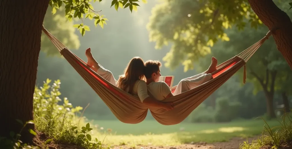 Pareja descansando juntos en una hamaca durante su luna de miel, mostrando intimidad relajada Pareja descansando juntos en una hamaca durante su luna de miel, mostrando intimidad relajada
